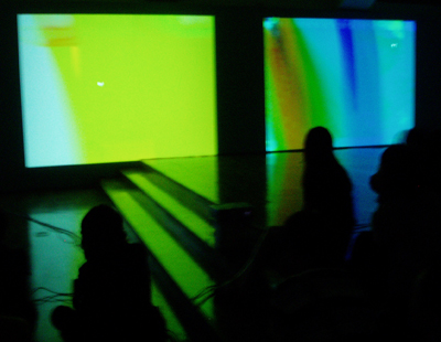 Stanza performance using three interactive touch screens and projected images. Arts Depot North London. 2005. Images shows screens mounted into plynth. They can also be wall mounted, or fixed ino the wall. 